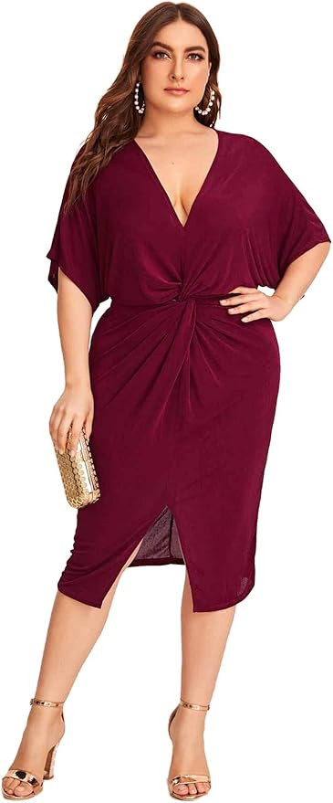 Floerns Women's Short Sleeve V Neck Twist Front Split Midi Dress | Amazon (US)