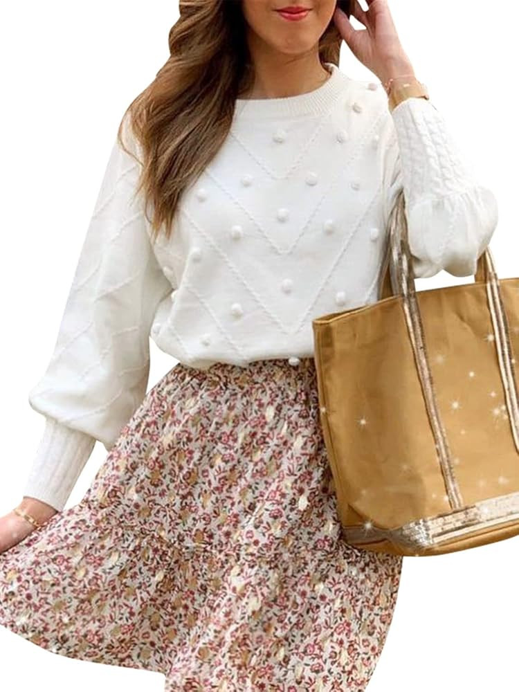 Miessial Women's Crew Neck Lantern Sleeve Sweater Pullover Elegant Knit Jumper Top | Amazon (US)