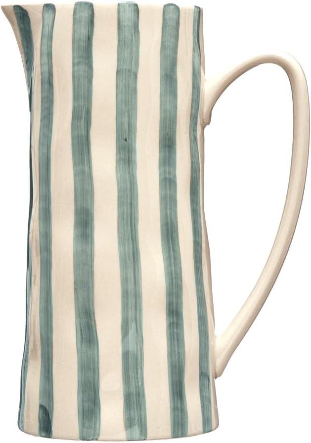 Creative Co-Op Hand-Painted Stoneware Stripes, White and Green Pitcher, 7" L x 4" W x 9" H, Cream | Amazon (US)