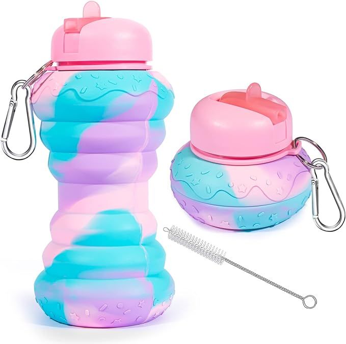 Donut Collapsible Kids Water Bottles For School Girls 20oz BPA Free Leakproof Silicone Foldable W... | Amazon (US)