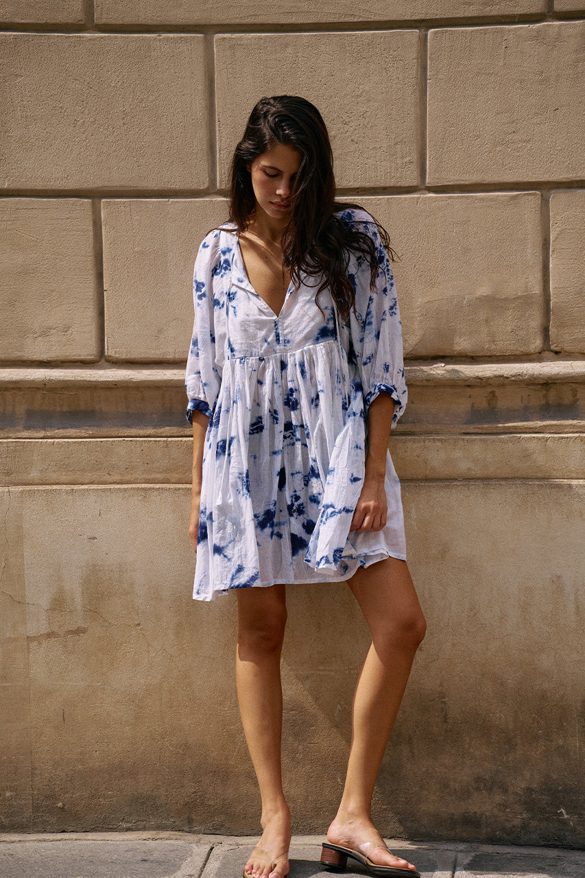 Kyra Mini Dress ~ Deep Sea | Hand Tie Dye Cotton Dress | Daughters of India