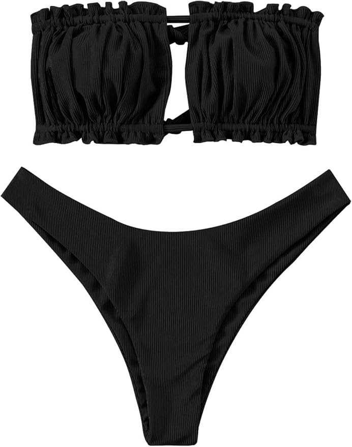 ZAFUL Women 2 Piece Strapless Bikini Swimsuits Ruffle Ribbed Bandeau Bikini Set High Cut Bathing ... | Amazon (US)