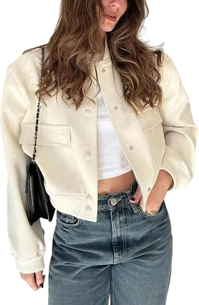 Athlisan Womens Cropped Bomber Jacket Casual Button Down Varsity Baseball Jacket with Pockets | Amazon (US)