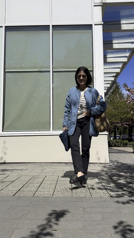 Jacket: Sezane. Runs large. I’m in size 2 and it’s got plenty of room to layer. Also linked a similar one at a lower price point 
Sweater: Sezane. Tts
Jeans: Everlane. Highly recommend these! So flattering and goes with everything. Tts 
Loafer: old 