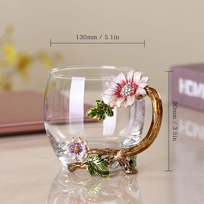 Enamel Sunflower Crystal Lead-Free Glass Tea Cup with Spoon Set, Present for The Christmas, Valen... | Amazon (US)