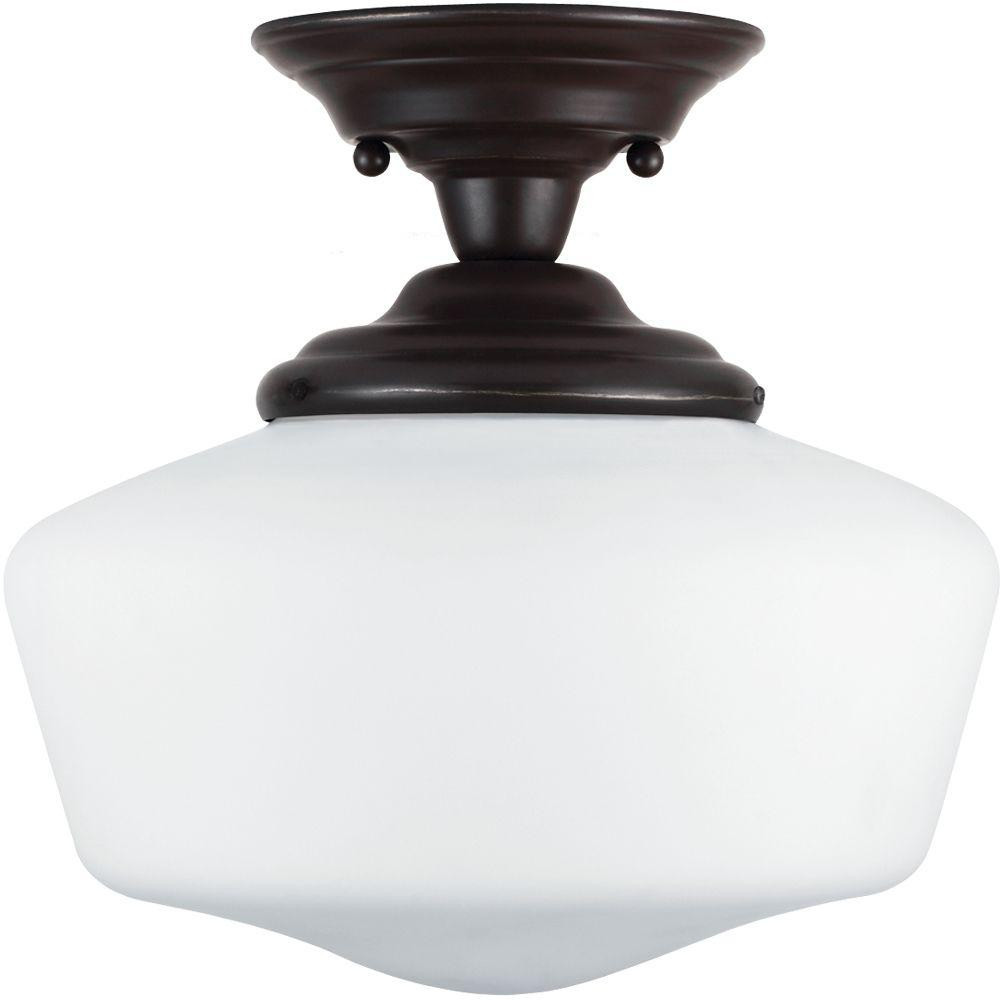 Sea Gull Lighting Academy 11.5 in. W 1-Light Heirloom Bronze Semi-Flush Mount with Satin White Glass | The Home Depot