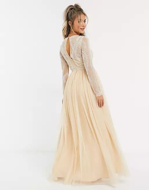 ASOS DESIGN embellished bodice maxi dress with tulle skirt in soft beige | ASOS (Global)
