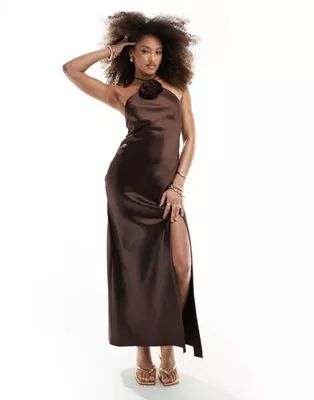4th & Reckless halterneck corsage detail satin maxi dress in chocolate brown | ASOS (Global)