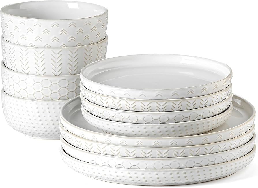 Stoneware Dinnerware Sets Service for 4, 12 pcs Reactive Glaze Plates and Bowls Sets, Embossed Bo... | Amazon (US)