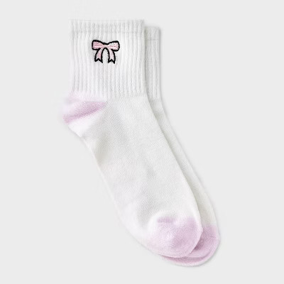 Women's Embroidered Bow Ribbed Ankle Socks - Ivory/Pink 4-10: Lightweight, Banded Cuff, Recycled ... | Target