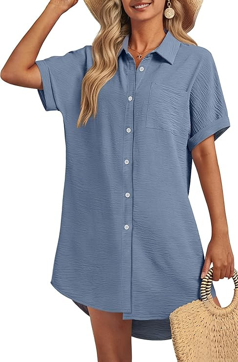 Women Swimsuit Coverup Swimwear Dress Shirt Button Down Beachwear Bathing Suit Cover Up | Amazon (US)