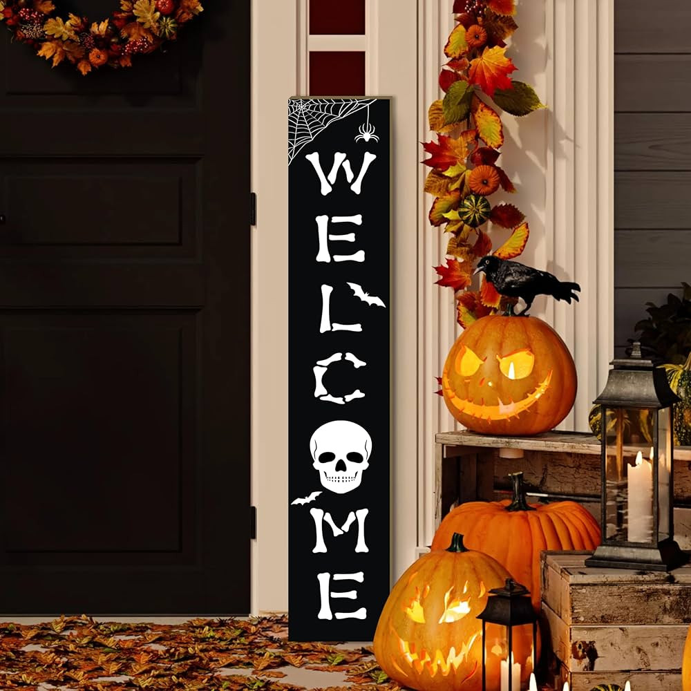 Halloween Welcome Sign Skull Front Door Hanging Decor Wooden Vertical Indoor Outdoor Standing Sig... | Amazon (US)