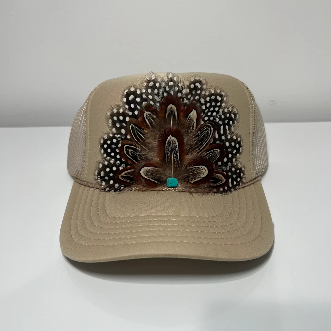 FEATHER Trucker Hat Western Cowgirl Turquoise Stone Spotted Feather Hat Khaki - Etsy | Etsy (US)