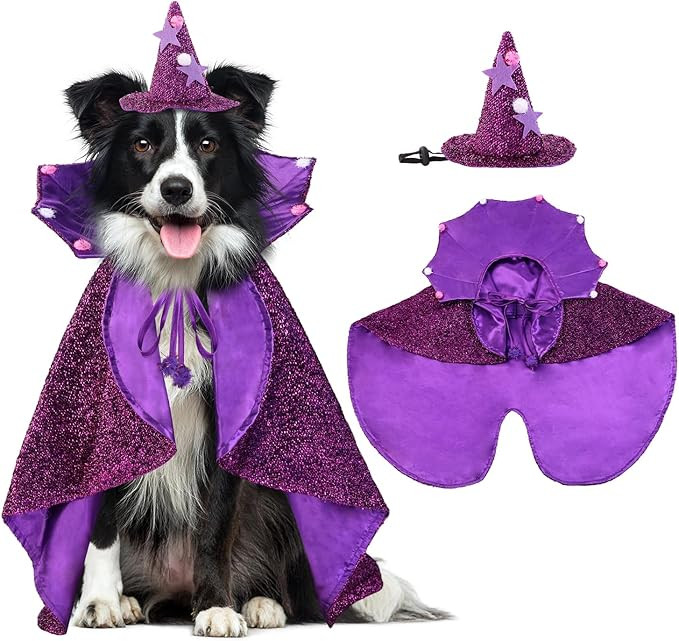 JOICEE 2 Packs Halloween Dog Costumes, Witch Hat with Cape Classic Purple Wizard Cloak Set Cospla... | Amazon (US)