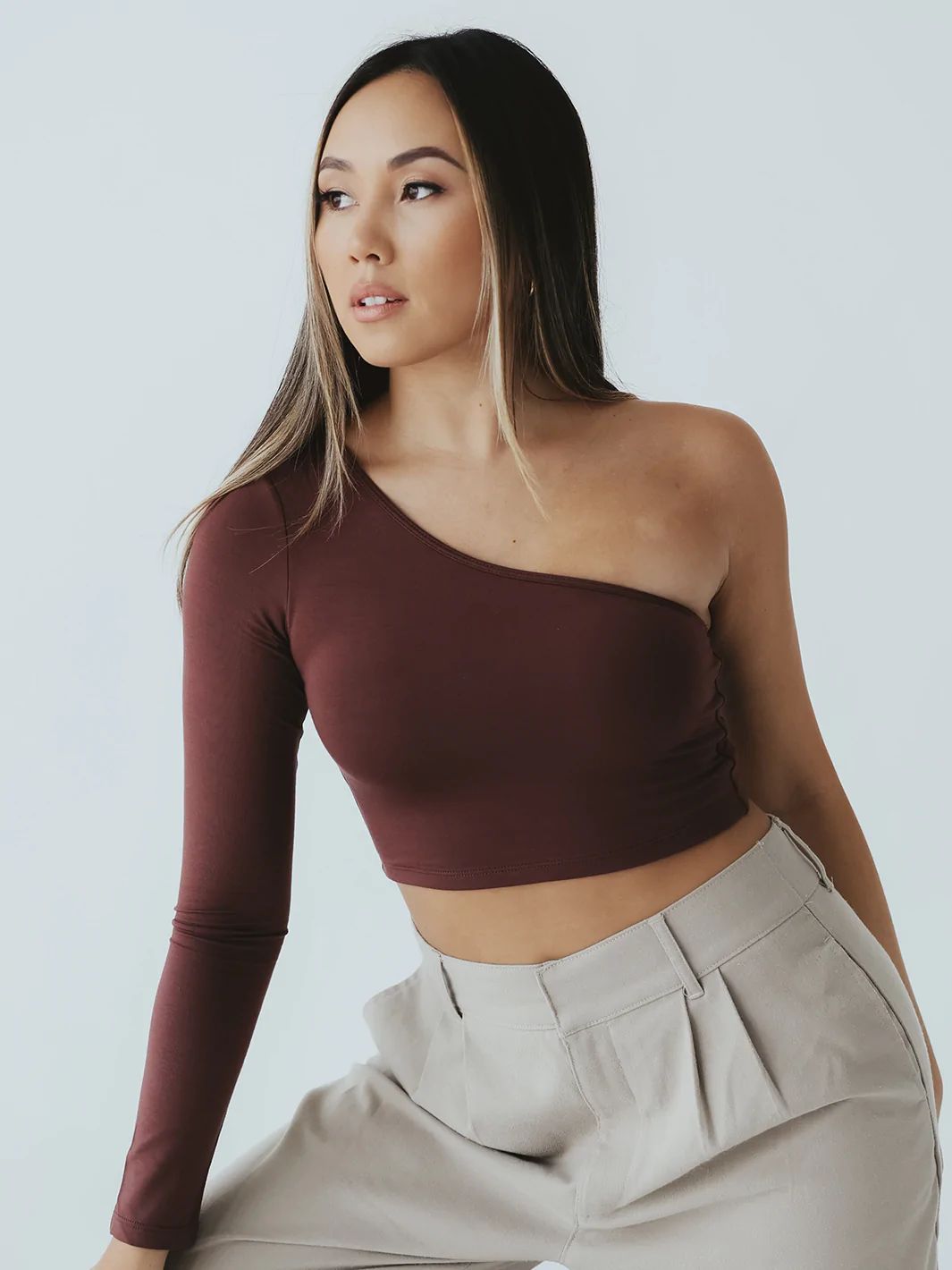 One Shoulder Long Sleeve Brami (Crop) | Klassy Network