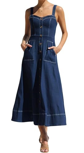 Women's Summer Adjustable Strap Sleeveless Midi Denim Dress Button Down A-Line Swing Flowy Jean Dress (X-Small,Dark Blue) | Amazon (US)