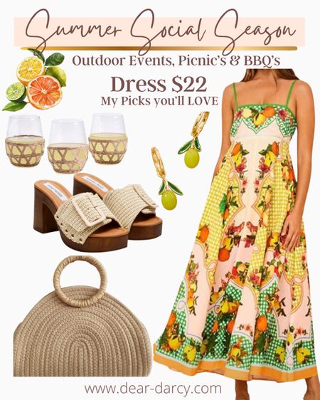 Summer social season🍋🍋‍🟩🍊

The perfect summer social dress 
Perfect for garden parties, cocktails, brunch, lunch with friends

Citrus dress is $22 

Lemon earrings

Affordable straw bag 
Amazon find 

Steve Madden sandal perfect with sun dresses 

The perfect summer glassware🍋‍🟩🍋🍊 how cute For serving  lemonade, ice tea or your favorite cocktail set of 4



#LTKStyleTip #LTKShoeCrush #LTKParties