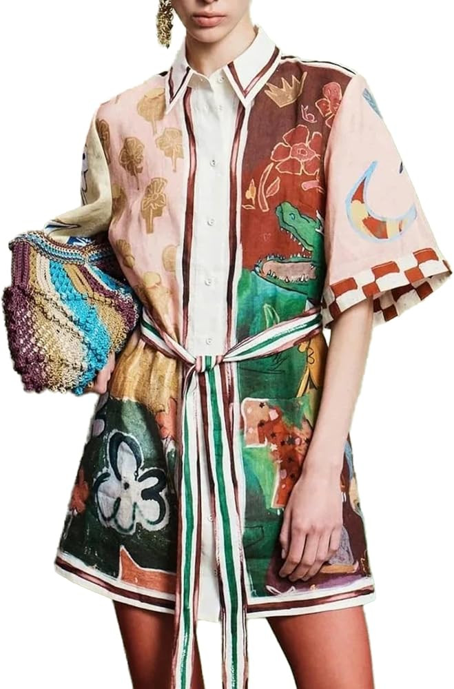 Graffiti Print Shirt Dress, Floral Y2k Belted Button Front Mini Dress | Amazon (US)