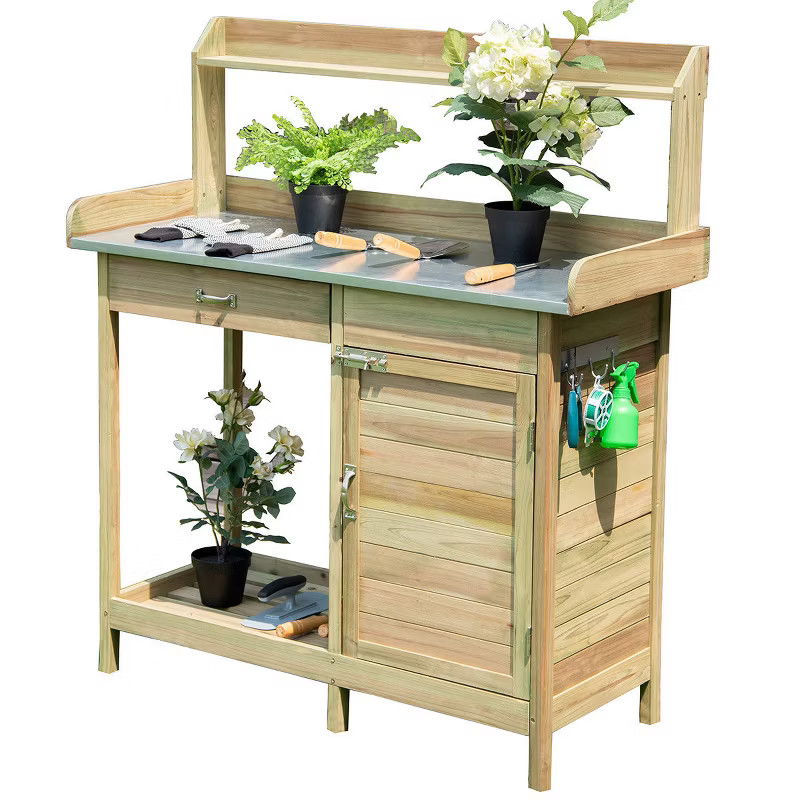 Costway Outdoor Potting Bench Garden Wooden Work Station Metal Tabletop Cabinet Drawer | Target