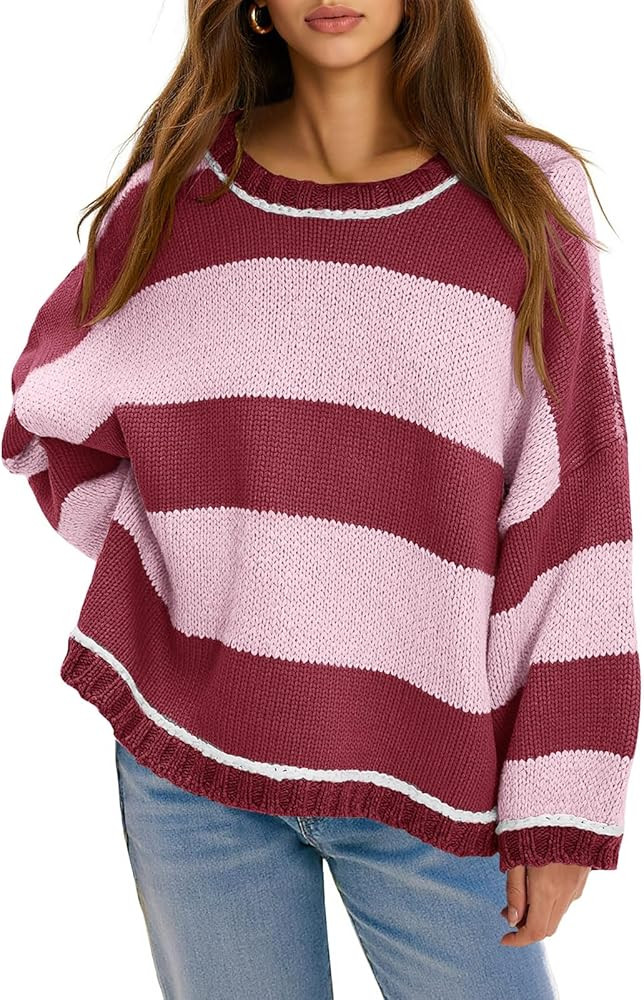 Fisoew Womens Oversized Sweaters Casual Long Sleeve Striped Color Block Crewneck Knitted Loose Fa... | Amazon (US)