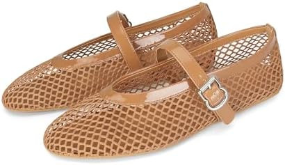 DOEYG Mesh Ballet Flats for Women Buckle Strap Comfy Casual Office Fishnet Ballerina Flat Shoes | Amazon (US)