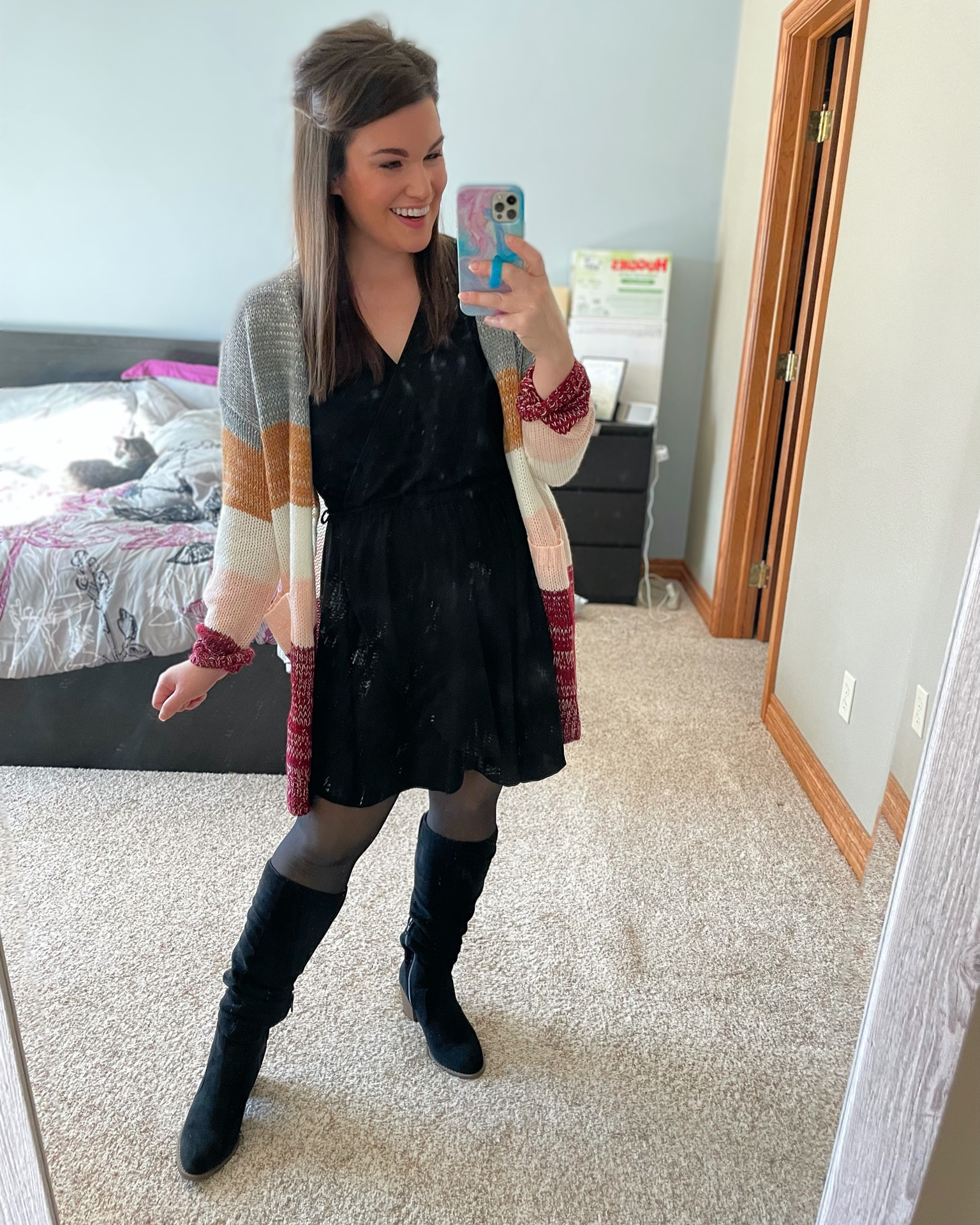 The secret to wearing dresses in the winter = tights that look sheer but really aren’t! 🙌

Tights and boots linked - To find the super comfy black dress with shorts and amazingly soft cardigan visit carbonandlove.com and use code NICOLE15 for 15% off.

#LTKstyletip #LTKHoliday #LTKSeasonal