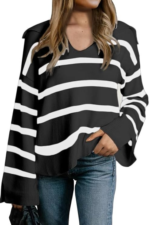 SHEWIN Women's Fall Winter Casual Navy Collar Striped Sweaters Long Sleeve Polo V Neck Knitted Pu... | Amazon (US)