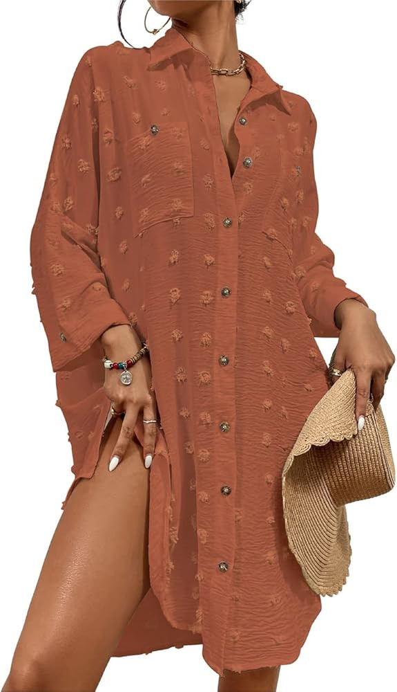 Bsubseach Women Swimsuit Coverup Blouse Button Down Shirt Dresses Swiss Dot Tops | Amazon (US)