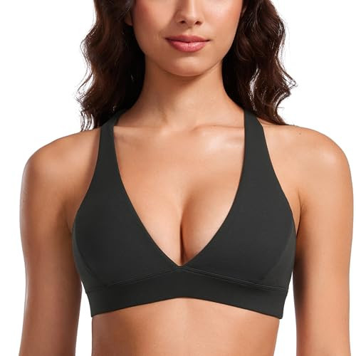 CRZ YOGA Butterluxe Deep V-Neck Sports Bras for Women - Spaghetti Strap Criss Cross Padded Top Low Coverage Wireless Yoga Black XX-Small | Amazon (US)