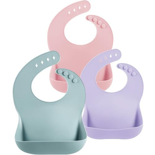 PandaEar 3 Pack Silicone Bibs for Babies Toddlers Girls, Adjustable Fit BPA Free Waterproof Bibs with Pocket Food Catcher (Blue/Pink/Purple) | Amazon (US)
