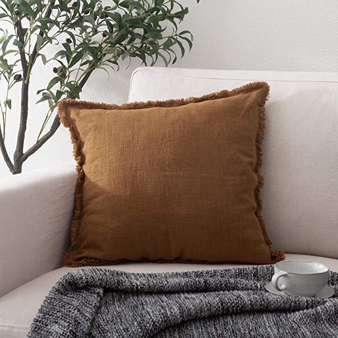 Amazon.com: ATLINIA Linen Fringed Cushion Cover 20 x 20 Soft Linen Pillow Cover Decorative Throw ... | Amazon (US)