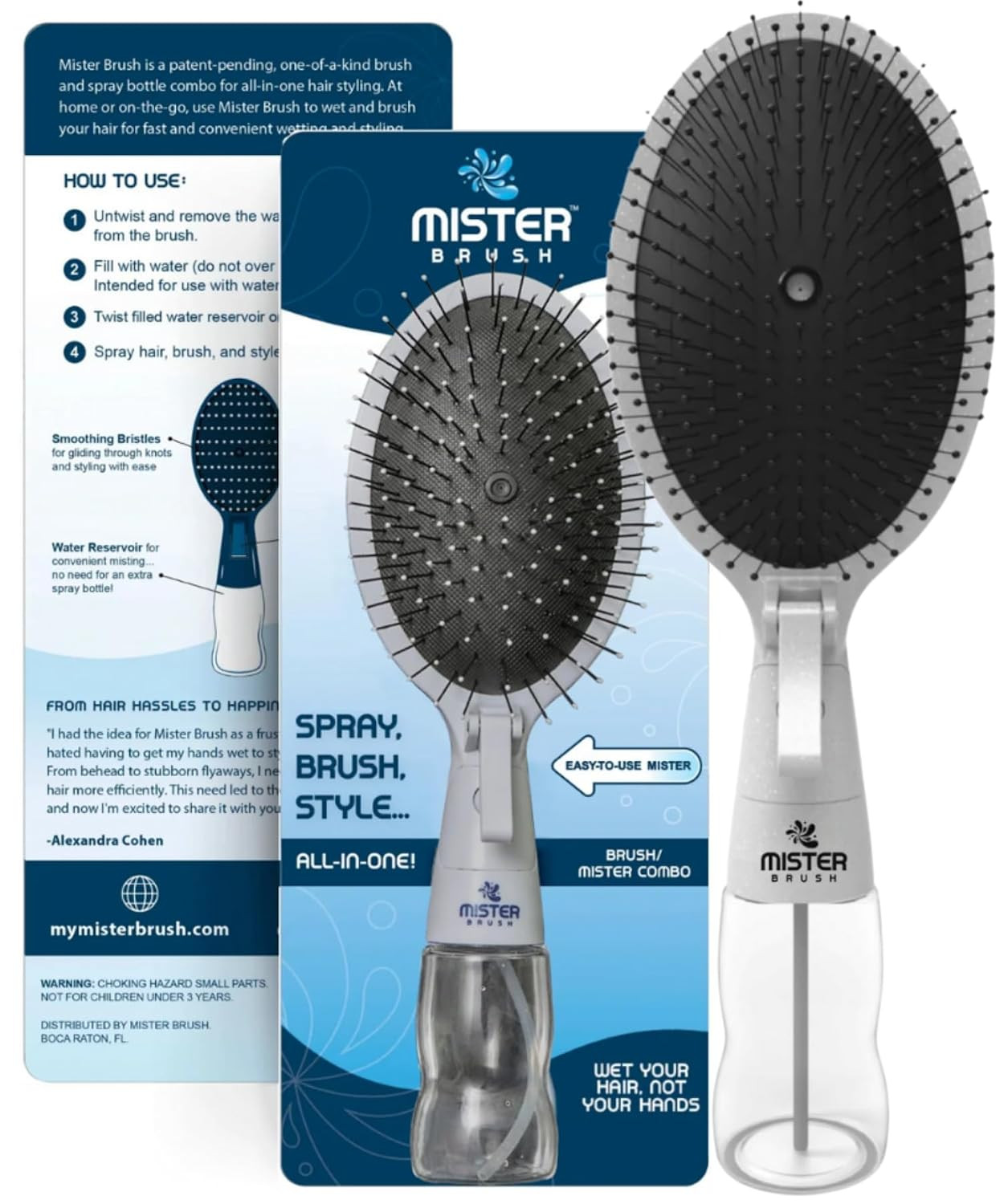 Mister Brush 2-in-1 Hairbrush Mister – Innovative Hair Mist & Brushing Tool for Wet & Dry Hair Styling – No-Tangle Bristles, Convenient Water Reservoir, Easy-to-Use Hair Mister (White) | Amazon (US)