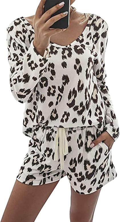 Women’s Tie Dye Printed Pajamas Set Long Sleeve Tops with Shorts Lounge Set Casual Two-Piece Sl... | Amazon (US)