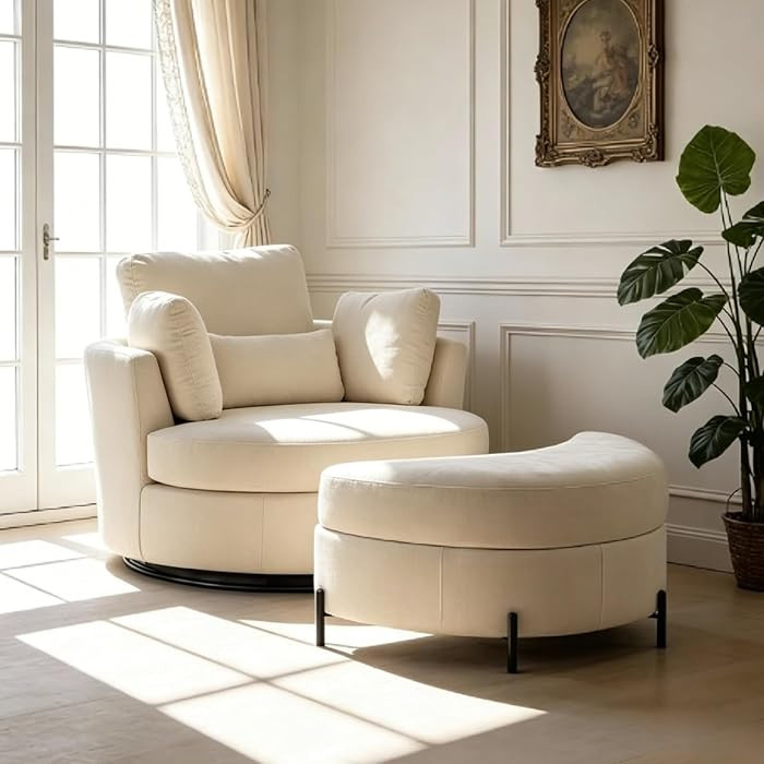 Aoiy & Wifon 50'' W Oversized Swivel Barrel Chair with Storage Ottoman, Beige Round Accent Chair ... | Amazon (US)