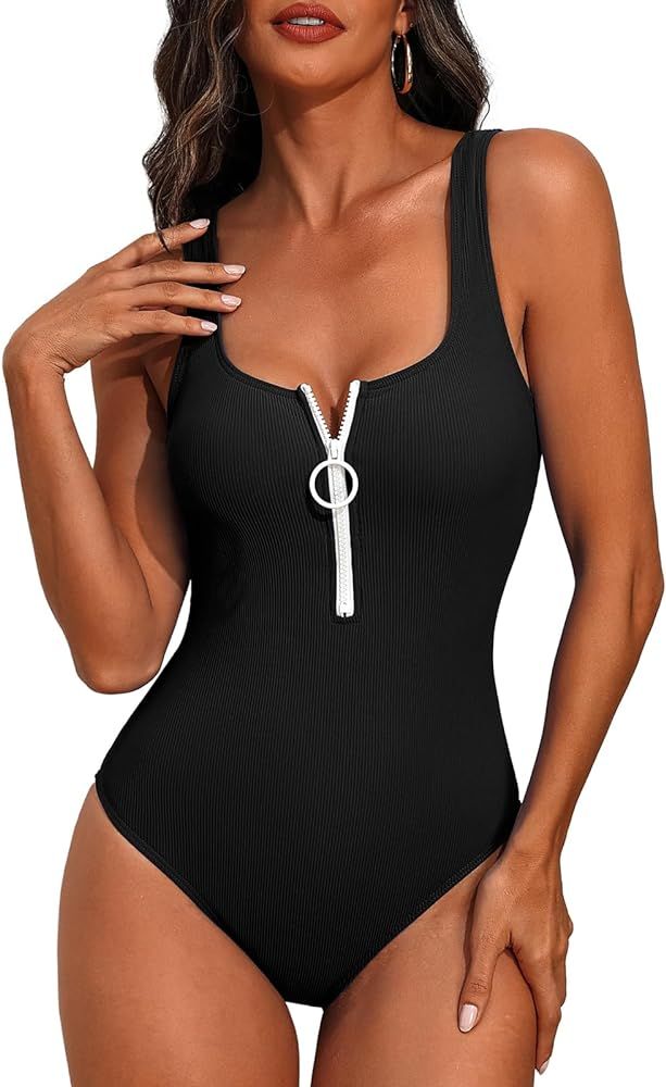 SOCIALA Womens One Piece Swimsuits Zipper Front Swim Suit Ribbed 1 Piece Bathing Suits Round Neck... | Amazon (US)