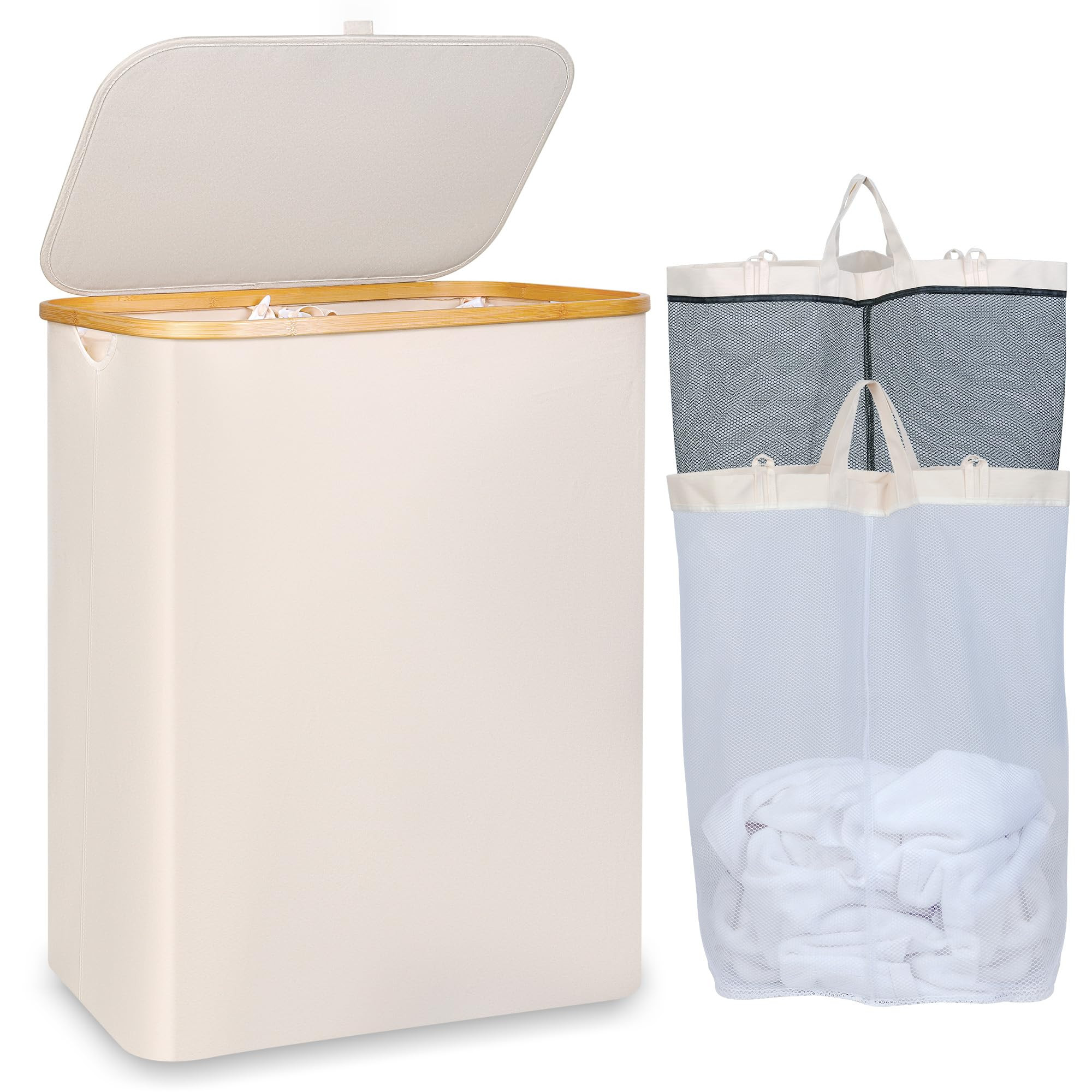 150L Laundry Basket with Lid, Large Laundry Hamper with Bamboo Handle, Collapsible Dirty Clothes ... | Amazon (US)