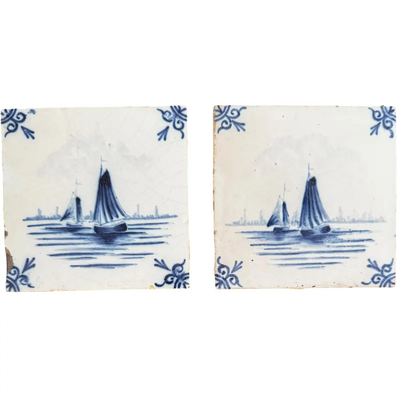 18th C Delft Maritime Blue Tiles Pair 4.5\u201d Sailing Ships Dutch Oxhead Corners | Etsy (Global)