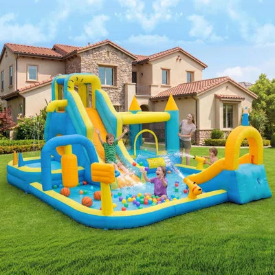 ECLIFE 18.9' x 12.6' Inflatable Water Slide Bounce House, Bouncy Castle with Splash Pool, Climbing Wall & Basketball Hoop with 650W Air Blower for Out | Wayfair North America