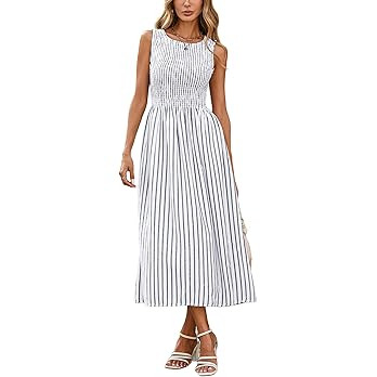 YEXPINE Women's Striped Smocked Sundress Sleeveless Swing A Line Beach Midi Dress with Pockets Bl... | Amazon (US)