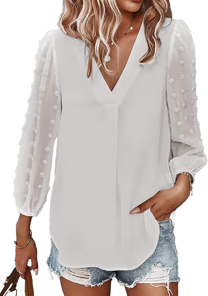 Samefar Women's Long Sleeve Pom Pom Top V Neck Pleated Shirts Casual Loose Chiffon Blouse | Amazon (US)