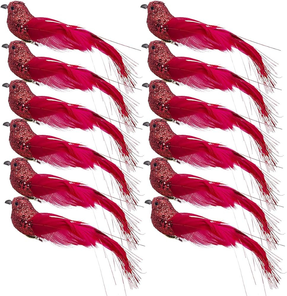 12pcs Red Glitter Artificial Birds Sequin Clip on Bird Ornaments for Christmas Tree Decorations W... | Amazon (US)