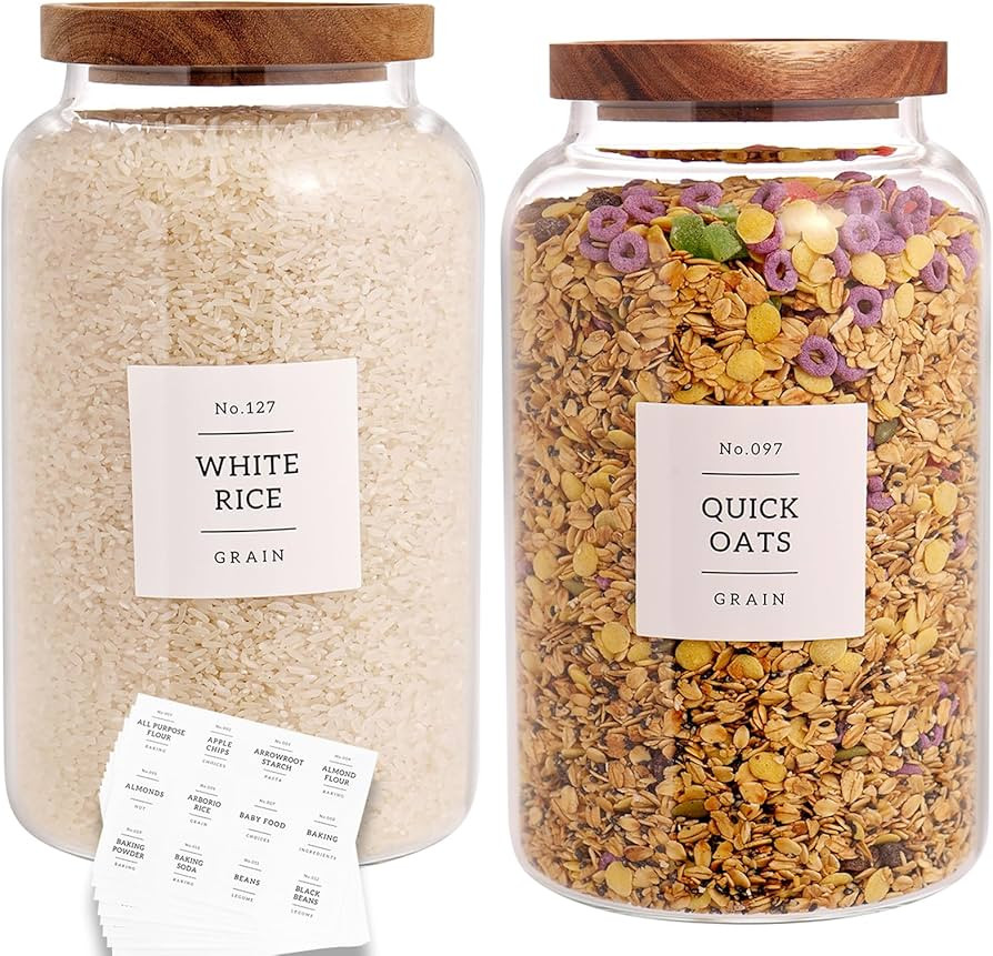 Set of 2 Large Glass Jar with Airtight Acacia Lid and 132 Kitchen Pantry Labels, Clear Glass Food... | Amazon (US)