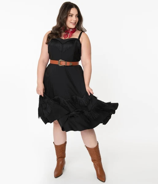 Unique Vintage Plus Size 1950s Black Fringe Girlie Swing Dress | UniqueVintage