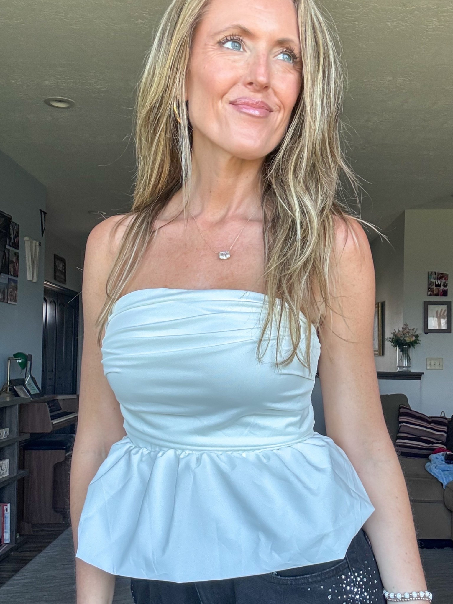 This white peplum top is adorable! 🤍 Also comes in black and polka dots! Paired here with the cutest embellished black denim.

As an Amazon Influencer I earn commission on qualifying purchases.

White peplum strapless top, spring tops, date night outfit inspo, mom style, cute summer tops, black denim

#LTKOver40 #LTKMidsize #LTKootd