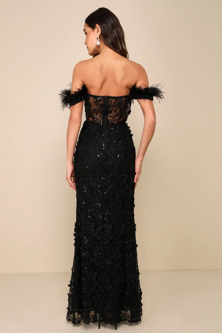 Midnight Sparkle Black Embroidered Feather Bustier Maxi Dress | Lulus
