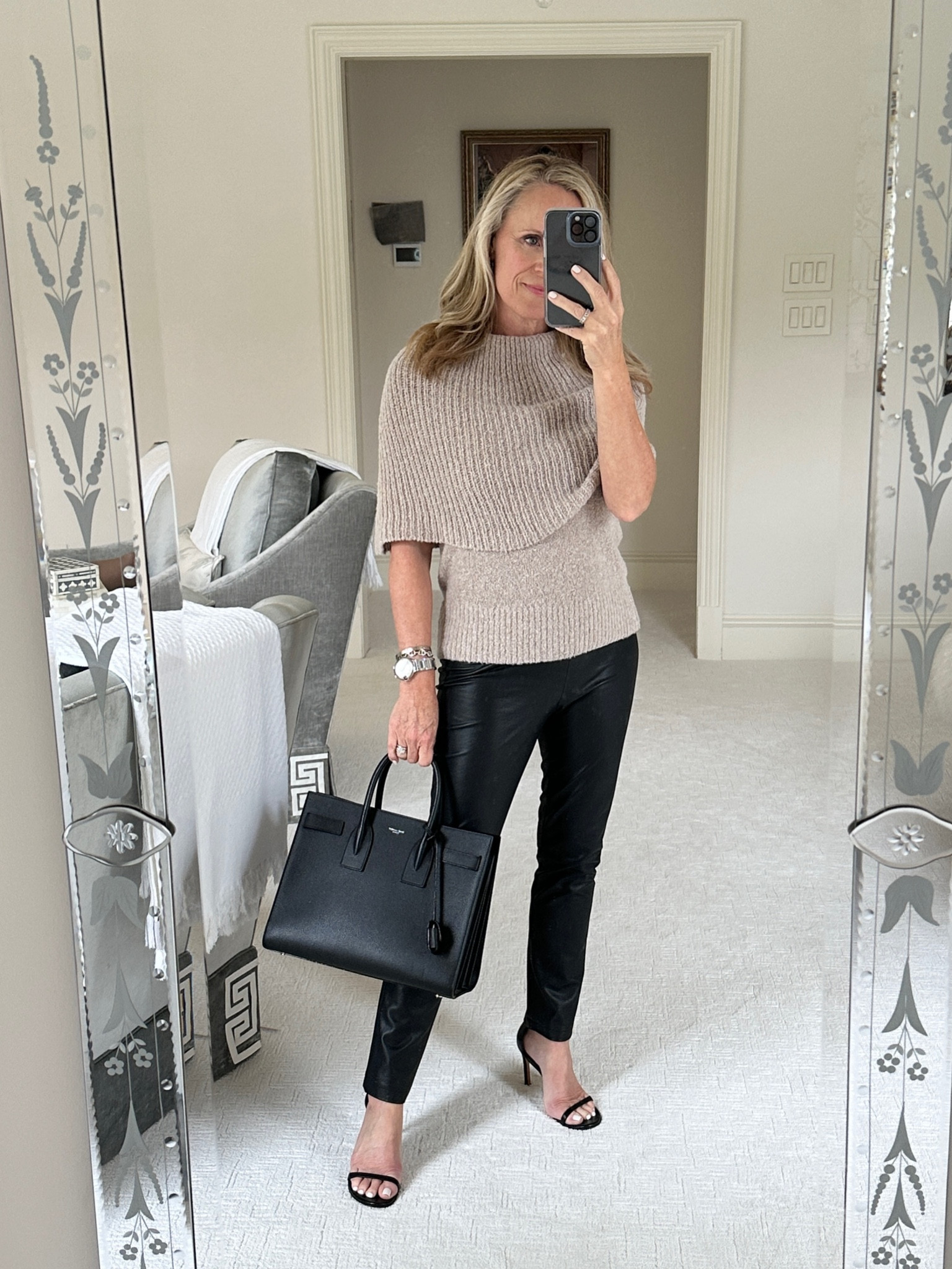 Chic daytime look for date night
Brochu Walker cashmere cape, sweater, 
faux leather cropped pants, Stuart Weitzman, sandals, 
YSL tote


#LTKFind #LTKstyletip #LTKSeasonal