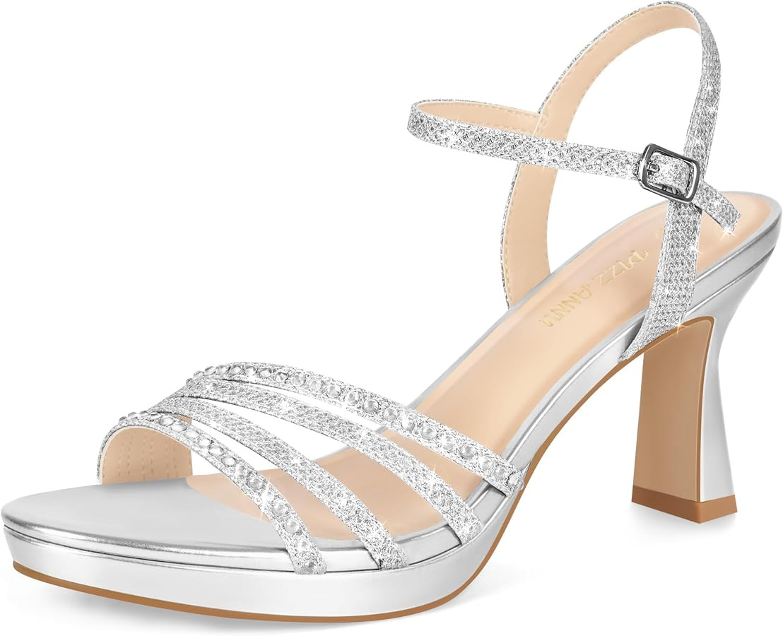 PIZZ ANNU Lena Women's Platform Heels High Block Chunky Sparkly Rhinestone Open Toe Ankle Strap F... | Amazon (US)