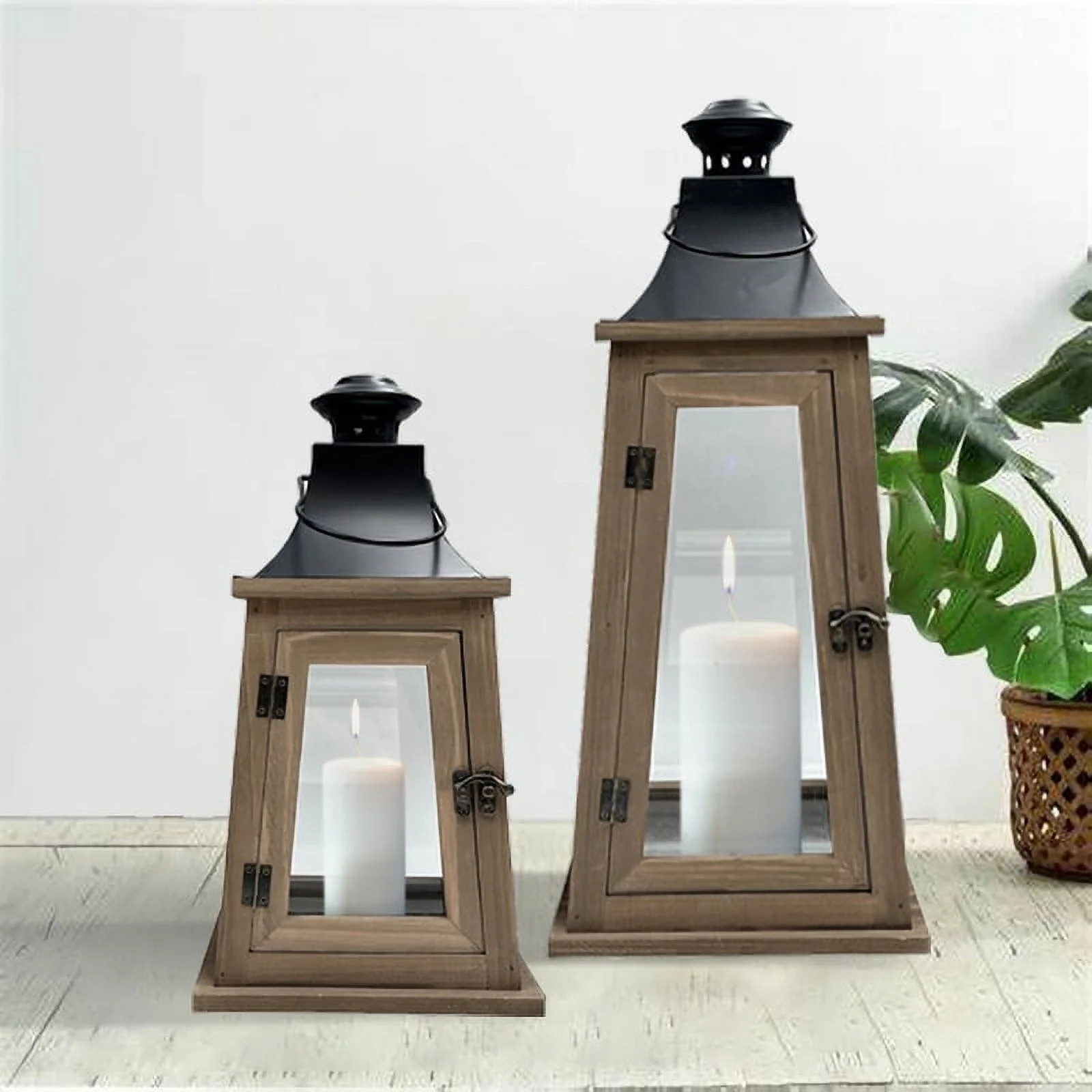 Better Homes & Gardens 14" Decorative  Rustic Wood Metal Pillar Candle Holder Lantern, Medium | Walmart (US)