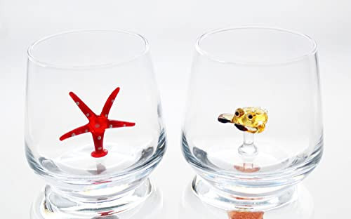 HeguSun 3D Drinking Glass Cup with Cute Animal Figurine Inside, Hand Blown Glass Figures Inside Mug, Stemless Glass for Wine, Water, Milk, Beverages, 12oz(Starfish & Crab) | Amazon (US)