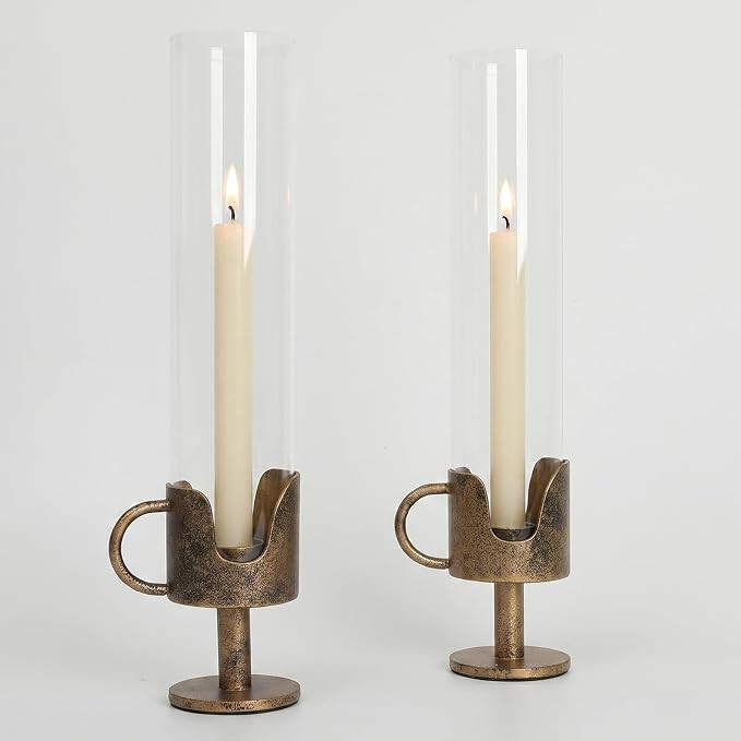 Antique Brass Hurricane Candle Holders with Clear Glass Tube, Set of 2 | 13.2" Tall Vintage Taper... | Amazon (US)